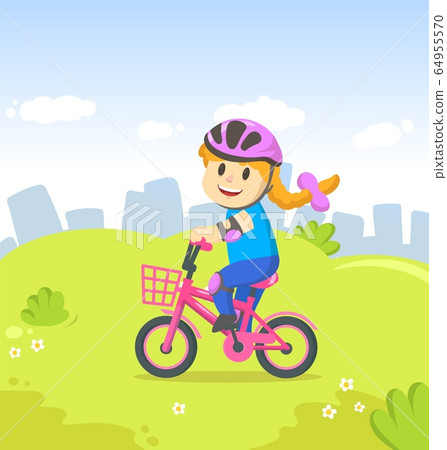 Smiling girl riding a bicycle in the city park.... - Stock Illustration  [64955570] - PIXTA