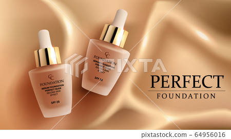 Foundation makeup, advertising design template for catalog with concealer cream glass packaging mock up with liquid foundation on the nude silk background vector illustration. 64956016