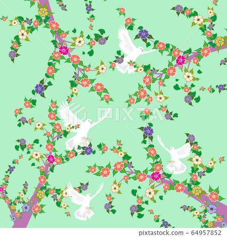 White pigeons fly among flowering branches of White pigeons fly among flowering branches of 64957852
