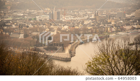 German Corner, German: Deutches Eck, Headland at Mosel and Rhine river confluence with monumental equestrian statue of William I. Koblenz, Germany. German Corner, German: Deutches Eck, Headland at Mosel and Rhine river confluence with monumental equestrian statue of William I. Koblenz, Germany. 64958003