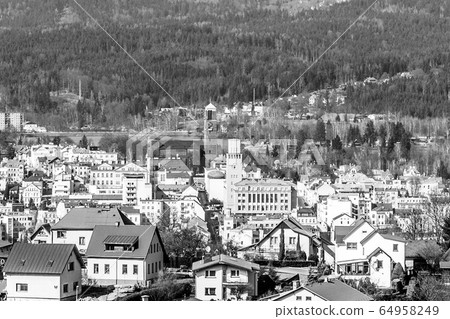 Jablonec nad Nisou - view of city centre with modern town hall and church. Czech Republic 64958249