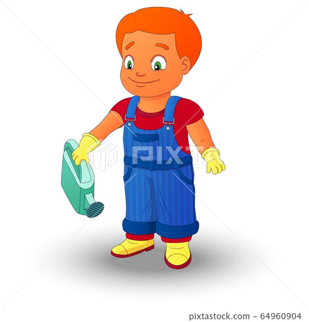 Boy in a denim overall holding a watering can 64960904