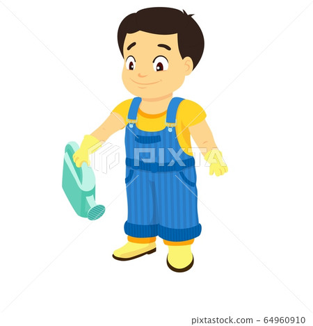 Boy in a denim overall holding a watering can Boy in a denim overall holding a watering can 64960910