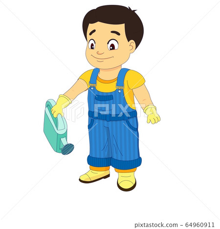 Boy in a denim overall holding a watering can 64960911