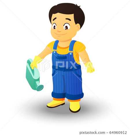 Boy in a denim overall holding a watering can Boy in a denim overall holding a watering can 64960912