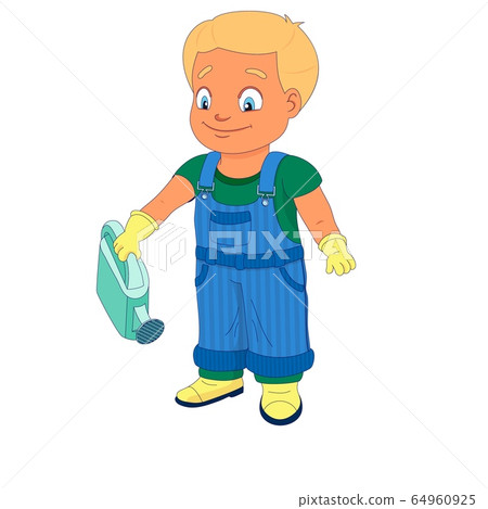 Boy in a denim overall holding a watering can Boy in a denim overall holding a watering can 64960925