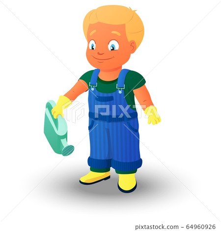 Boy in a denim overall holding a watering can Boy in a denim overall holding a watering can 64960926
