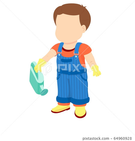 Boy in a denim overall holding a watering can 64960928