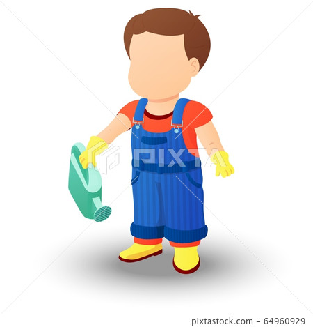 Boy in a denim overall holding a watering can Boy in a denim overall holding a watering can 64960929