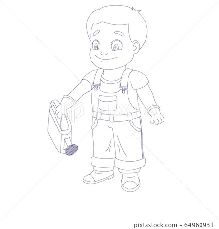 Boy in a denim overall holding a watering can Boy in a denim overall holding a watering can 64960931
