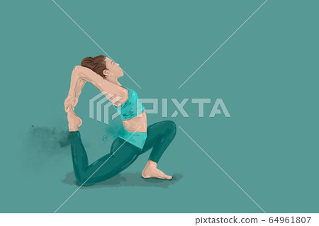 woman balancing in  Pigeon Pose isolated on green  background with copy space. 64961807