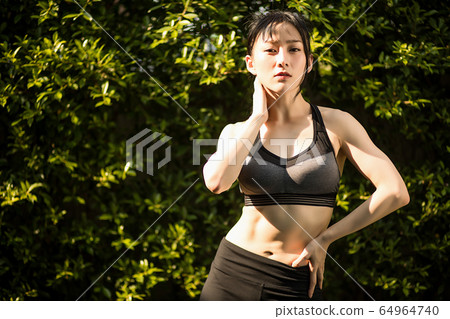 Young women exercise sports healthy outdoor park fitness person material 64964740