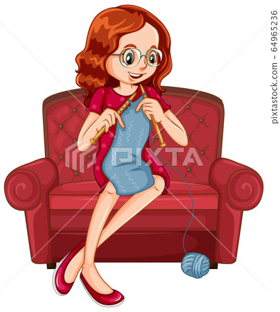 Woman knitting on the big armchair on white Woman knitting on the big armchair on white 64965236