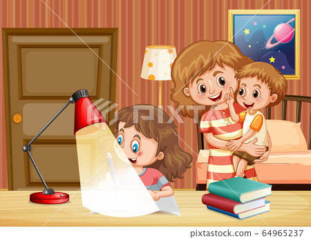 Scene with mother and kids at home Scene with mother and kids at home 64965237