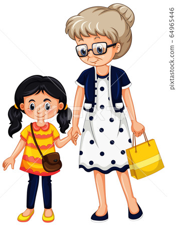 Grandmother and little girl holding hands on white Grandmother and little girl holding hands on white 64965446