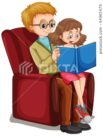 Father reading story to little girl on white Father reading story to little girl on white 64965479