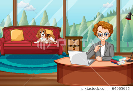 Scene with man working on computer at home Scene with man working on computer at home 64965655
