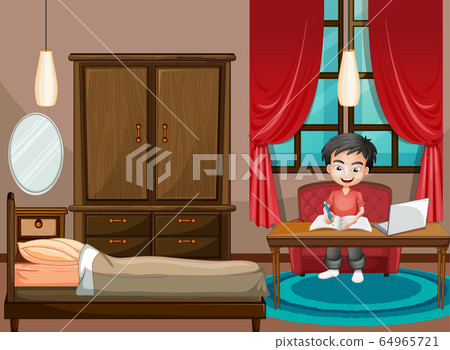 Scene with boy working on computer in bedroom Scene with boy working on computer in bedroom 64965721