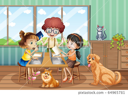 Scene with three kids working on computer at home 64965781