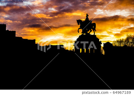 Colorful Sunrise burning sky Koblenz City historic monument German Corner where river rhine and mosele flow together 64967189
