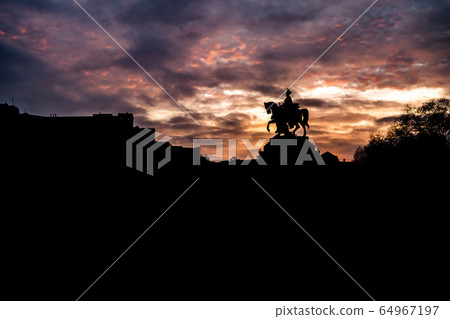 Colorful Sunrise burning sky Koblenz City historic monument German Corner where river rhine and mosele flow together 64967197