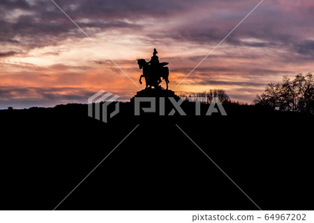 Colorful Sunrise burning sky Koblenz City historic monument German Corner where river rhine and mosele flow together 64967202