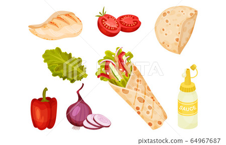 Doner Kebab Ingredients with Mustard and Vegetables Vector Set Doner Kebab Ingredients with Mustard and Vegetables Vector Set 64967687