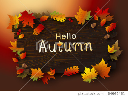 Autumn Leaves On Brown Wood Background Stock Illustration 64969461 Pixta