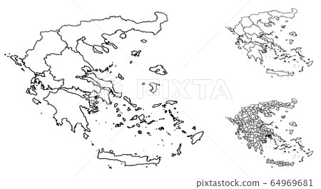 Greece outline map vector with administrative borders, regions, municipalities, departments in black white colors 64969681