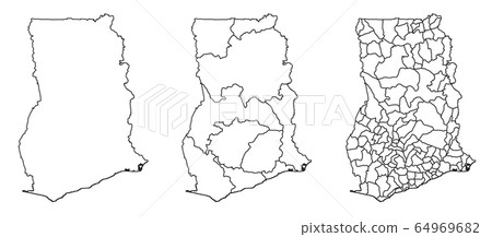 Ghana outline map vector with administrative borders, regions, municipalities, departments in black white colors Ghana outline map vector with administrative borders, regions, municipalities, departments in black white colors 64969682