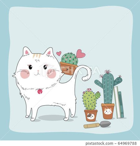 Hand drawn sketch cute cat and cactus Hand drawn sketch cute cat and cactus 64969788