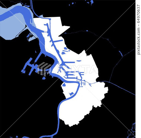 Antwerpen map Antwerp administrative white with rivers and water on black background 64970637