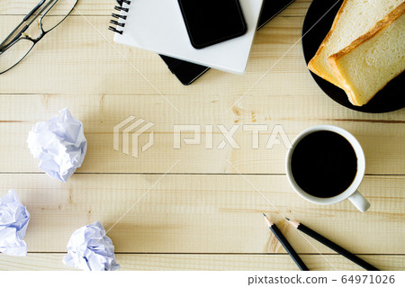 cup of hot coffee on wooden background with cup of hot coffee on wooden background with 64971026