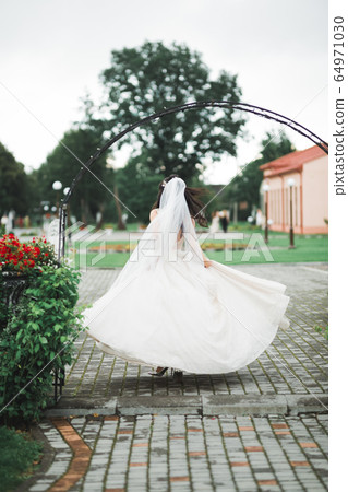 Beauty portrait of bride wearing fashion wedding dress with feathers with luxury delight make-up and hairstyle 64971030