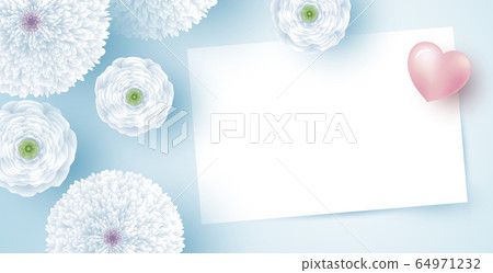 White flowers with blank paper and heart White flowers with blank paper and heart 64971232