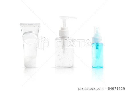 Various types of alcohol sanitizer hand with both pump, squeeze and spray isolated on white background Various types of alcohol sanitizer hand with both pump, squeeze and spray isolated on white background 64971629