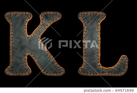 Set of leather letters K, L uppercase. 3D render font with skin texture isolated on black background. Set of leather letters K, L uppercase. 3D render font with skin texture isolated on black background. 64971699