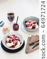 Cottage cheese pancakes with berry sauce and nuts. Healthy breakfast concept. 64971724