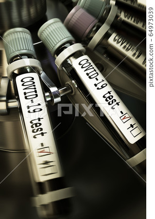 Vials of blood in a centrifuge. Negative COVID-19 test and laboratory sample of blood testing for diagnosis new Corona virus infection novel corona virus disease 2019 from Wuhan. Pandemic infectious 64973039