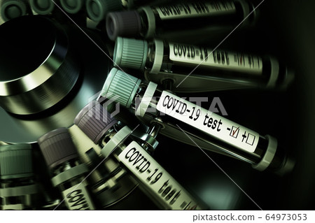 Tube of biological sample contaminated by Coronavirus with label Covid-19. Vials of blood in a centrifuge. Pandemic infectious concept. 3D Tube of biological sample contaminated by Coronavirus with label Covid-19. Vials of blood in a centrifuge. Pandemic infectious concept. 3D 64973053