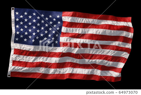 American flag waving in the wind isolated on black background. 3D 64973070