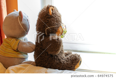 Two children's soft toys bear and cat in color medical masks are sitting on sofa and looking to window. Self-isolation during coronavirus pandemic concept. Stay at home. Light overlay, copy space. Two children's soft toys bear and cat in color medical masks are sitting on sofa and looking to window. Self-isolation during coronavirus pandemic concept. Stay at home. Light overlay, copy space. 64974575