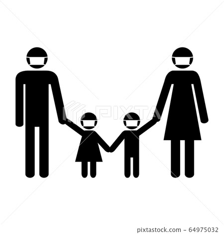 Parents and kids in medical masks. 64975032