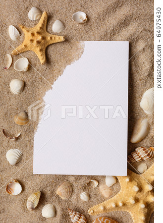 Starfishes and seashells on beach sand with wave Starfishes and seashells on beach sand with wave 64975430