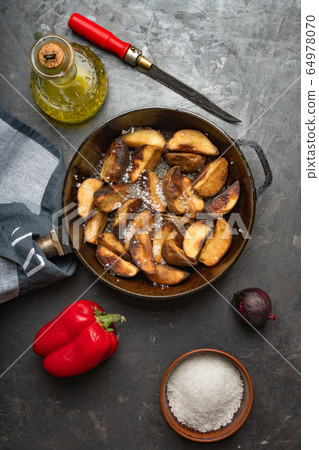 sweet potatoes, baked chicken, potato wedges, iron sweet potatoes, baked chicken, potato wedges, iron 64978070