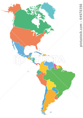 The Americas, political map with single states in different colors. Countries of the Caribbean, of North, Central and South America. Silhouettes. Isolated illustration on white background. Vector. The Americas, political map with single states in different colors. Countries of the Caribbean, of North, Central and South America. Silhouettes. Isolated illustration on white background. Vector. 64978398