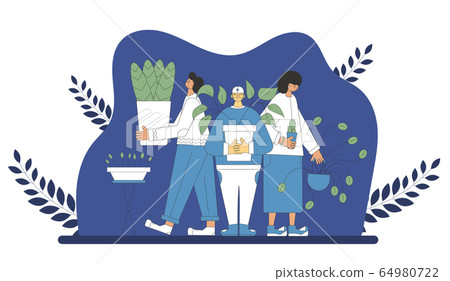 Plant lover. Man with indor flower pot. Vector 64980722