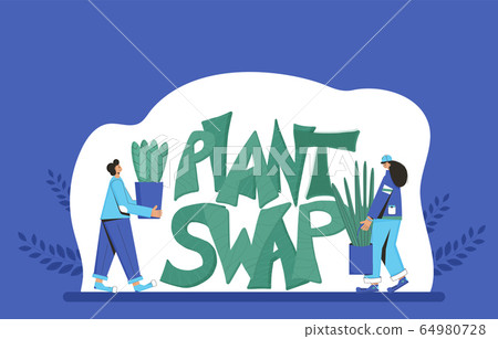 Plant lover. Man with indor flower pot. Vector 64980728