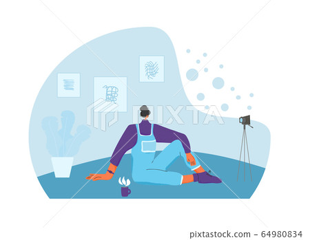 Girl sitting on the floor. Vector flat color 64980834