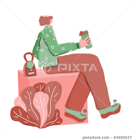 Coffee break. Girl with hot drink. Vector design. 64980837